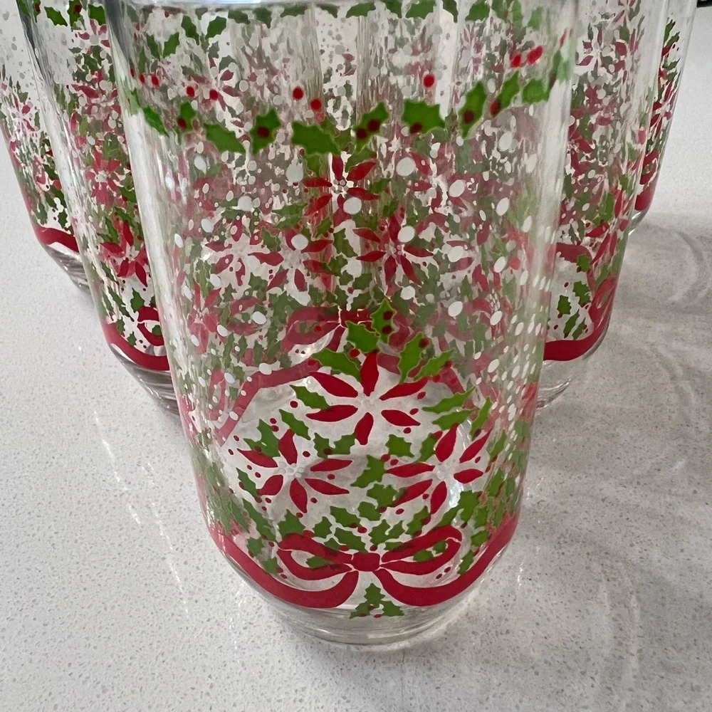 Vintage Christmas Holly Red Ribbon Texture Snow Drink Glasses 5” Set Of‎ 6
